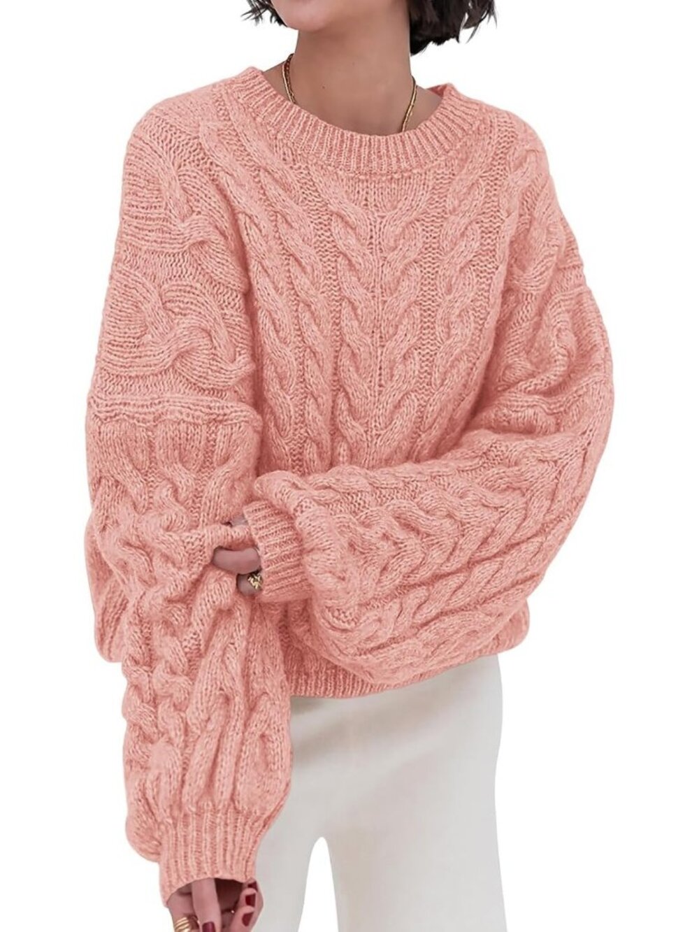 Women's Dark Pink Cable Knit Long Sleeve Crewneck Oversized Chunky Sweaters